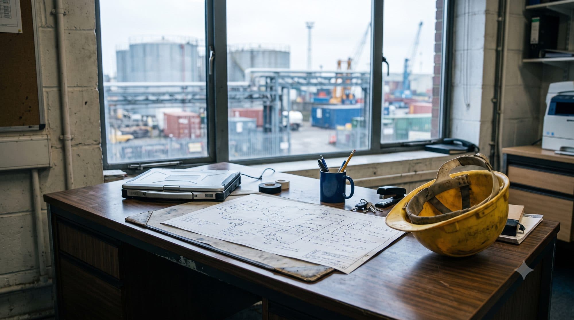 A site engineer's desk overlooking a Humber industrial yard — hard hat, hand-drawn process schematic and a rugged laptop